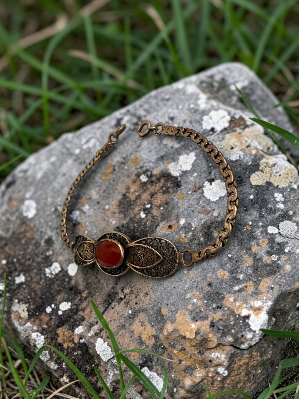 Vintage Sterling Silver Oval Carnelian Agate Cabochon Filigree Panel Bracelet Or - Picture 3 of 4